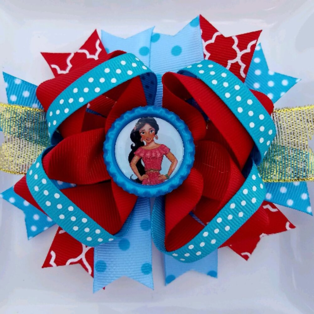 Alena Disney Princess Red Turquoise Gold Bottle Cap Hair Bow 5"
